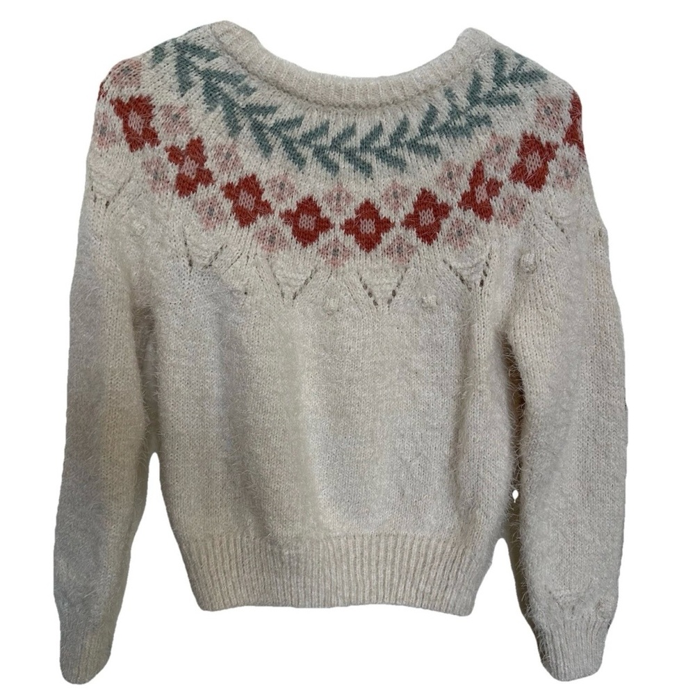 Copper Key Girls' Fuzzy Fair Isle Pullover Crew Neck Sweater -Floral Yoke-Sz XL